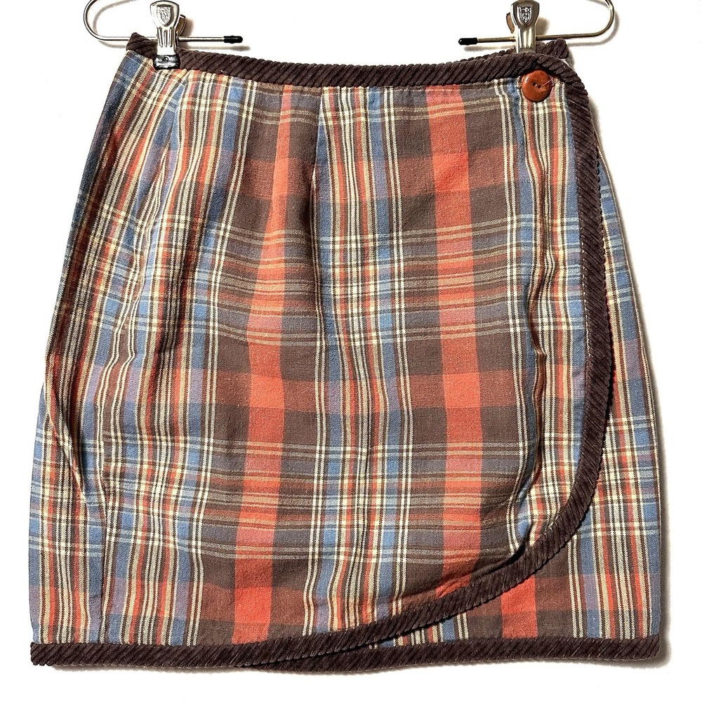 VTG FL‎ Malik Wrap Skirt Sz 8 Warm Plaid Chenille Trim 70s Mod Go-go Cottagecore